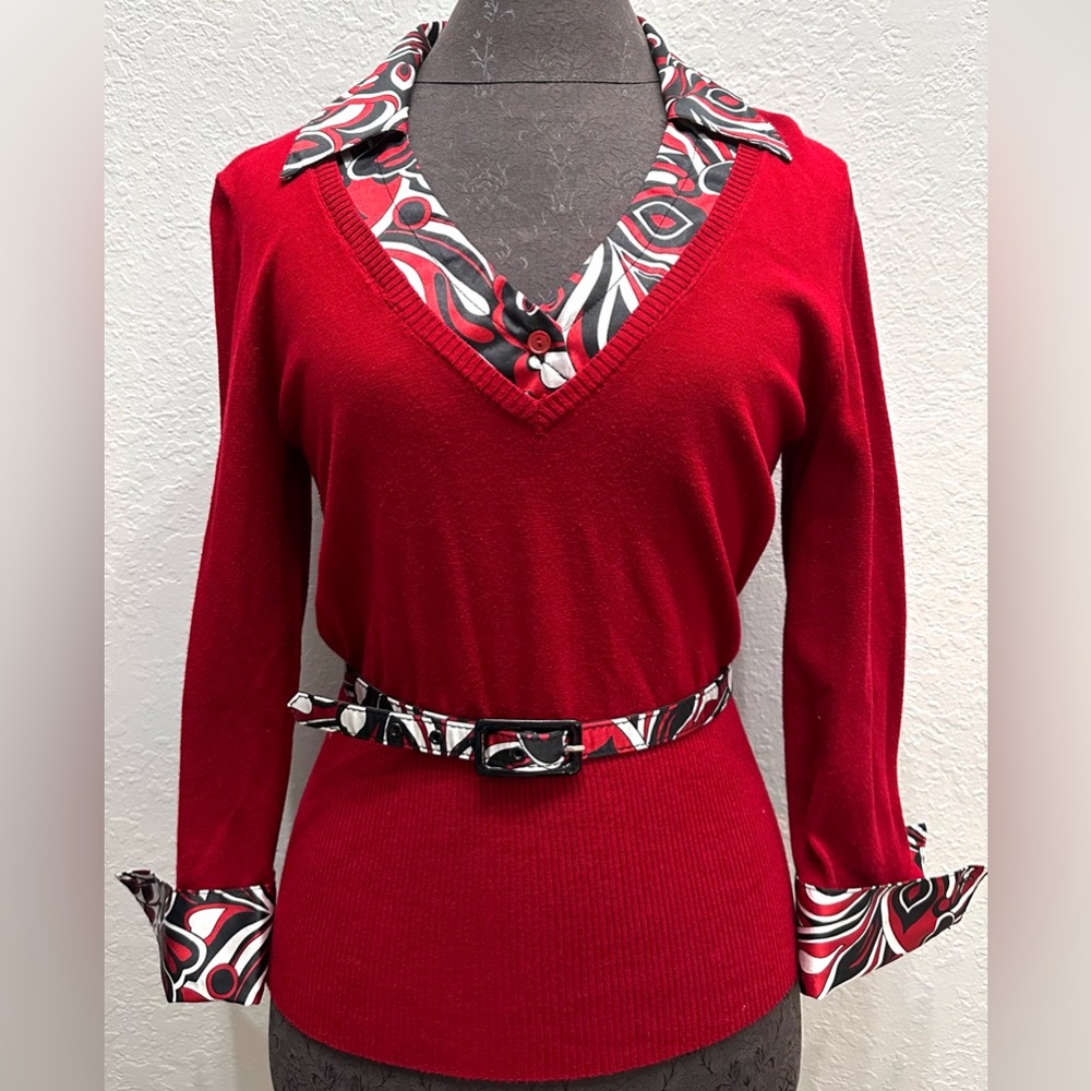 Women’s Red Tunic with Red, White & Black Patterned Collar Duo Sweater Size M